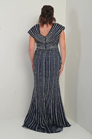 Kadın Ön Arka V Yaka Taş Baskılı Astarlı Büyük Beden Balık Elbise