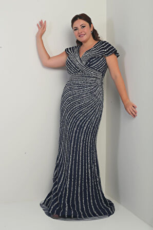 Kadın Ön Arka V Yaka Taş Baskılı Astarlı Büyük Beden Balık Elbise