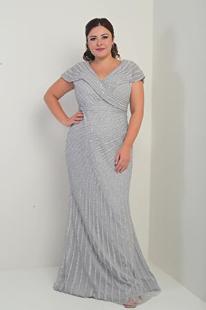 Kadın Ön Arka V Yaka Taş Baskılı Astarlı Büyük Beden Balık Elbise