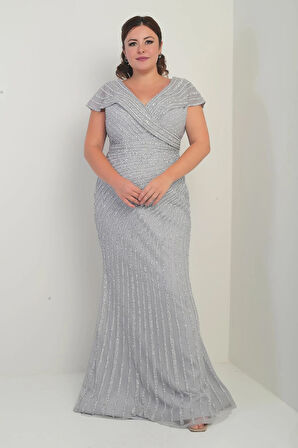 Kadın Ön Arka V Yaka Taş Baskılı Astarlı Büyük Beden Balık Elbise