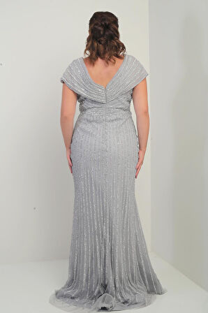 Kadın Ön Arka V Yaka Taş Baskılı Astarlı Büyük Beden Balık Elbise