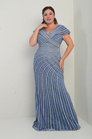 Kadın Ön Arka V Yaka Taş Baskılı Astarlı Büyük Beden Balık Elbise