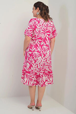 Kadın V Yaka Karışık Yaprak Desenli Cepli Eteği Fırfırlı Büyük Beden Elbise