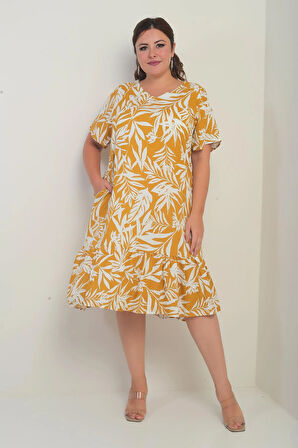 Kadın V Yaka Karışık Yaprak Desenli Cepli Eteği Fırfırlı Büyük Beden Elbise