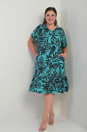 Kadın V Yaka Karışık Yaprak Desenli Cepli Eteği Fırfırlı Büyük Beden Elbise