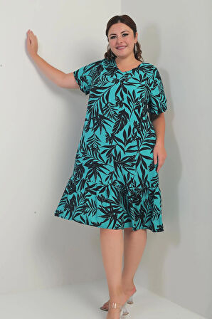 Kadın V Yaka Karışık Yaprak Desenli Cepli Eteği Fırfırlı Büyük Beden Elbise