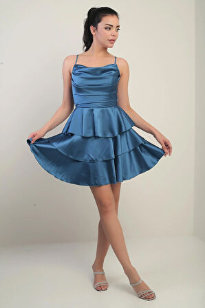 Kadın İp Askılı Arkadan Bağcıklı Eteği Kat Kat Saten Kısa Elbise