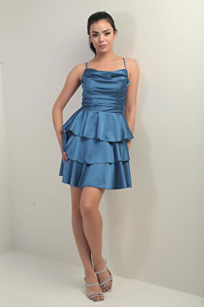 Kadın İp Askılı Arkadan Bağcıklı Eteği Kat Kat Saten Kısa Elbise