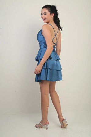 Kadın İp Askılı Arkadan Bağcıklı Eteği Kat Kat Saten Kısa Elbise