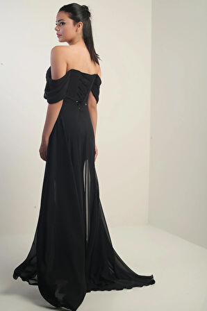 Kadın Düşük Kollu Balenli Astarlı Pelerinli Şifon Uzun Elbise