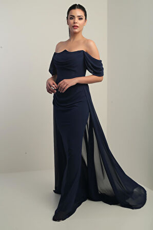 Kadın Düşük Kollu Balenli Astarlı Pelerinli Şifon Uzun Elbise