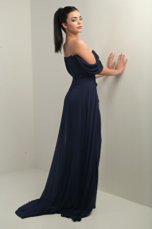 Kadın Düşük Kollu Balenli Astarlı Pelerinli Şifon Uzun Elbise