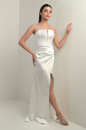 Kadın Straplez Önü Balen Biyeli Astarlı Saten Uzun Elbise