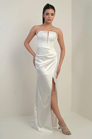 Kadın Straplez Önü Balen Biyeli Astarlı Saten Uzun Elbise