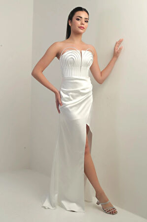 Kadın Straplez Önü Balen Biyeli Astarlı Saten Uzun Elbise