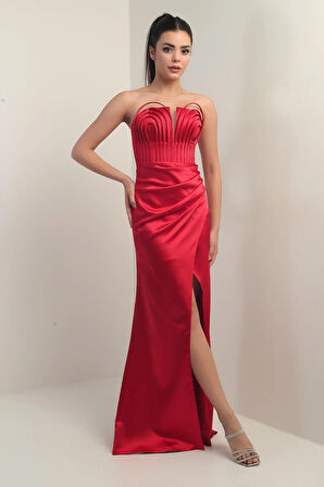 Kadın Straplez Önü Balen Biyeli Astarlı Saten Uzun Elbise