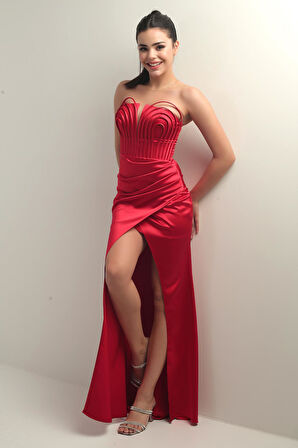 Kadın Straplez Önü Balen Biyeli Astarlı Saten Uzun Elbise