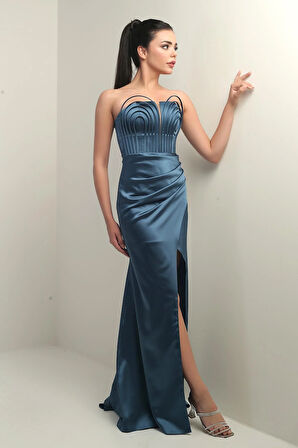 Kadın Straplez Önü Balen Biyeli Astarlı Saten Uzun Elbise