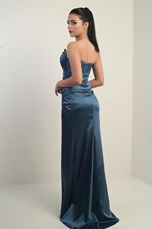 Kadın Straplez Önü Balen Biyeli Astarlı Saten Uzun Elbise