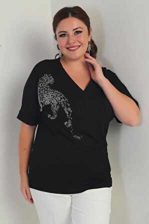 Kadın V Yaka Kısa Yarasa kollu Taş Detaylı Aslanlı Likralı Büyük Beden Bluz
