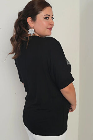 Kadın V Yaka Kısa Yarasa kollu Taş Detaylı Aslanlı Likralı Büyük Beden Bluz