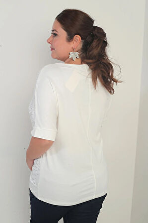 Kadın Yakası Zincirli Kısa Yarasa Kollu Taşlı Likralı Büyük Beden Bluz