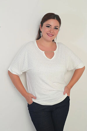 Kadın Yakası Zincirli Kısa Yarasa Kollu Taşlı Likralı Büyük Beden Bluz