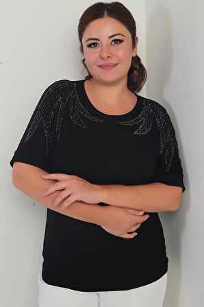 Kadın Kısa Yarasa Kollu Omuzları Taşlı Likralı Büyük Beden Bluz