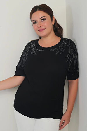 Kadın Kısa Yarasa Kollu Omuzları Taşlı Likralı Büyük Beden Bluz