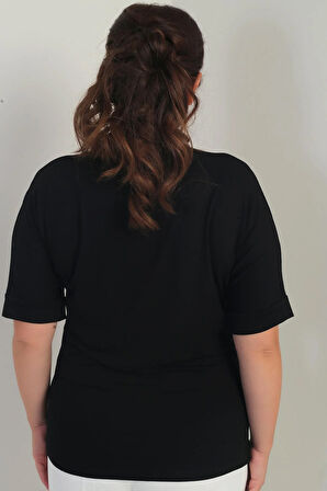 Kadın Kısa Yarasa Kollu Omuzları Taşlı Likralı Büyük Beden Bluz