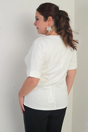 Kadın Kısa Yarasa Kollu Taş Detaylı Gül Desenli Likralı Büyük Beden Bluz