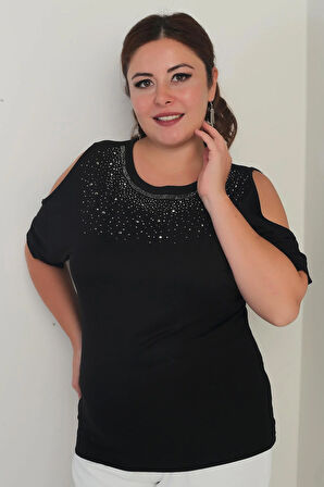 Kadın Yakası Taşlı Omuz Dekolteli Kısa Yarasa Kol Likralı Büyük Beden Bluz