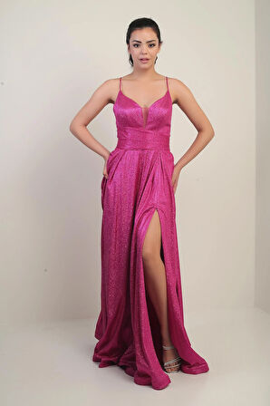 İp Askılı Astarlı Simli Uzun Abiye Elbise