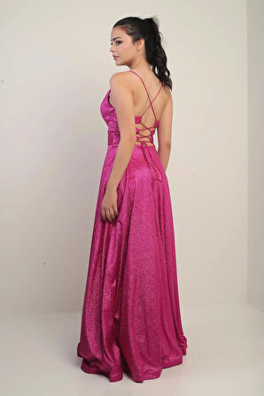 İp Askılı Astarlı Simli Uzun Abiye Elbise