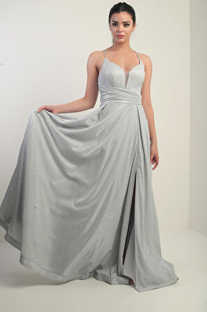 İp Askılı Astarlı Simli Uzun Abiye Elbise