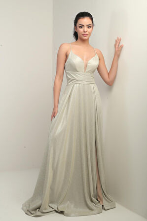 İp Askılı Astarlı Simli Uzun Abiye Elbise