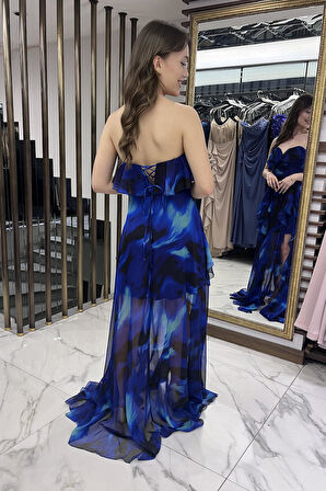 Kadın Straplez Astarlı Büyük Çiçekli Volanlı Şifon Uzun Elbise