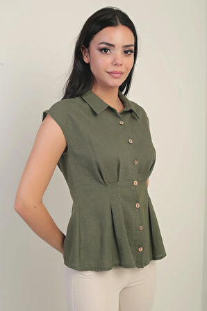 Kadın Beli Pileli Kolsuz Gömlek