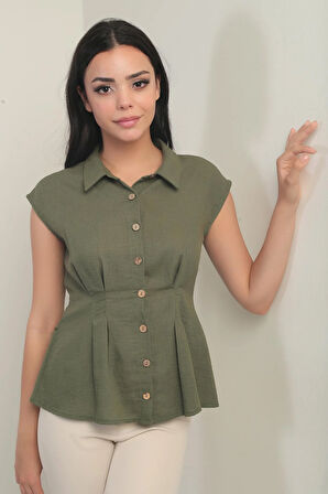Kadın Beli Pileli Kolsuz Gömlek