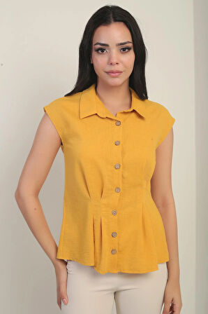 Kadın Beli Pileli Kolsuz Gömlek