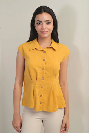 Kadın Beli Pileli Kolsuz Gömlek