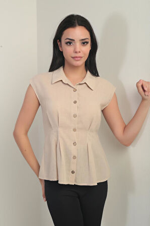 Kadın Beli Pileli Kolsuz Gömlek