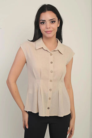Kadın Beli Pileli Kolsuz Gömlek