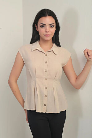 Kadın Beli Pileli Kolsuz Gömlek