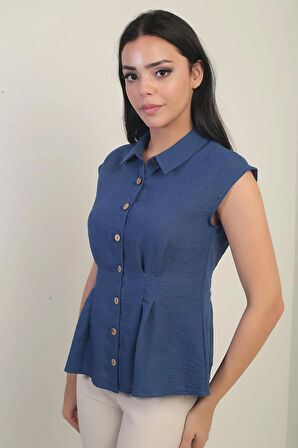 Kadın Beli Pileli Kolsuz Gömlek