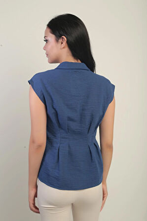 Kadın Beli Pileli Kolsuz Gömlek