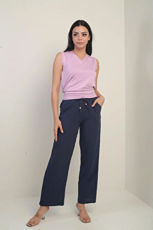 Kadın Müslin Palazzo Beli Lastikli Cepli Pantolon