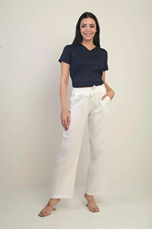 Kadın Müslin Palazzo Beli Lastikli Cepli Pantolon