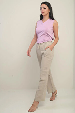 Kadın Müslin Palazzo Beli Lastikli Cepli Pantolon