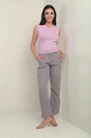 Kadın Müslin Palazzo Beli Lastikli Cepli Pantolon